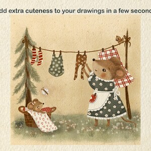 May include: A cute illustration of a mouse hanging clothes on a line. The mouse is wearing a green dress with white flowers and a red and white checkered apron. There is a small bird perched on the line and a butterfly flying nearby. A second mouse is sleeping in a basket with a red and white heart pattern.