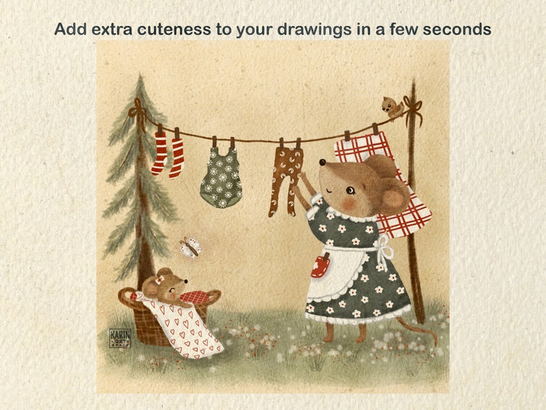 May include: A cute illustration of a mouse hanging clothes on a line. The mouse is wearing a green dress with white flowers and a red and white checkered apron. There is a small bird perched on the line and a butterfly flying nearby. A second mouse is sleeping in a basket with a red and white heart pattern.