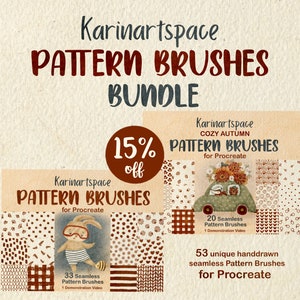 May include: A digital product bundle of 53 unique hand-drawn seamless pattern brushes for Procreate. The bundle includes two sets of brushes: Cozy Autumn and a general set. The image shows a 15% off discount.