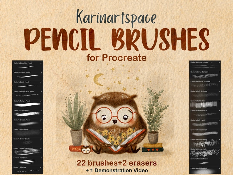 May include: Digital art brushes for Procreate. The image shows an owl wearing glasses and reading a book, with the text "PENCIL BRUSHES" and "Karinartspace." The image also includes a list of 22 brushes, 2 erasers, and a demonstration video.