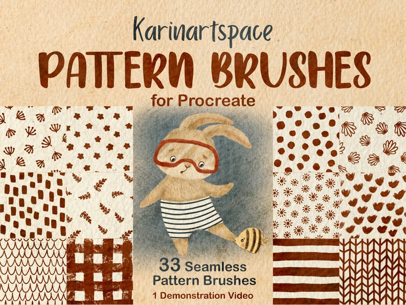 May include: A set of 33 seamless pattern brushes for Procreate, featuring a variety of brown and white patterns, including dots, stars, flowers, and geometric shapes. The image also includes a cartoon illustration of a bunny wearing a diving mask and swimming trunks.