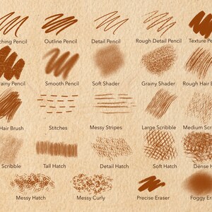 May include: A selection of brown pencil stroke examples on a tan background. The image showcases different textures and techniques, including sketching, outlining, and shading. Text labels identify each stroke type, such as "Grainy Pencil" and "Soft Scribble."