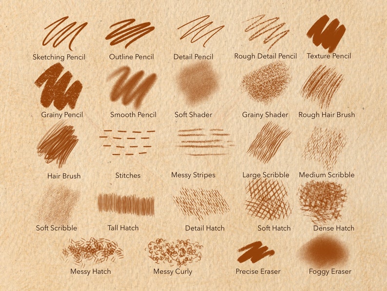 May include: A selection of brown pencil stroke examples on a tan background. The image showcases different textures and techniques, including sketching, outlining, and shading. Text labels identify each stroke type, such as "Grainy Pencil" and "Soft Scribble."
