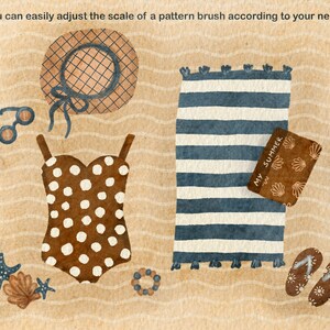 May include: A brown and white polka dot swimsuit, a blue and white striped beach towel, a brown straw hat, a pair of sunglasses, a brown book with the text "MY SUMMER" on the cover, and a pair of brown flip flops on a tan background.