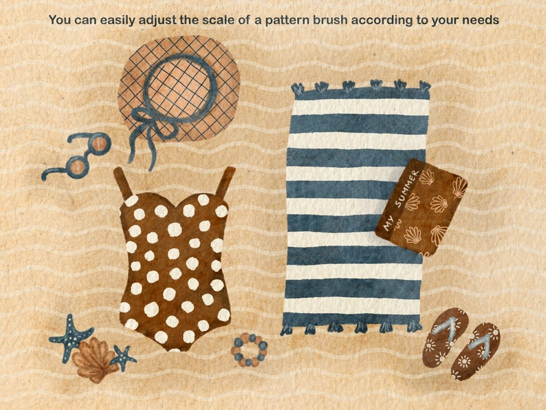 May include: A brown and white polka dot swimsuit, a blue and white striped beach towel, a brown straw hat, a pair of sunglasses, a brown book with the text "MY SUMMER" on the cover, and a pair of brown flip flops on a tan background.