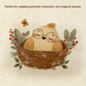 May include: A cartoon bird wearing glasses, nestled in a brown nest surrounded by green leaves and red berries. A small butterfly hovers above. The text reads: Perfect for creating adorable characters and magical scenes.