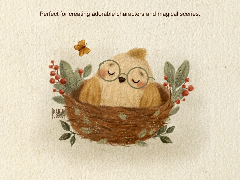 May include: A cartoon bird wearing glasses, nestled in a brown nest surrounded by green leaves and red berries. A small butterfly hovers above. The text reads: Perfect for creating adorable characters and magical scenes.