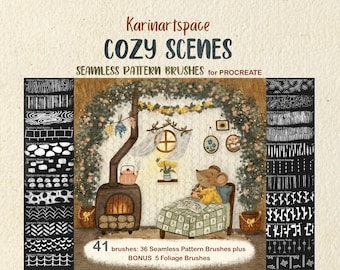 Karinartspace Cozy Scenes Procreate Brushes: Seamless Patterns, Digital Illustration (Digital Download)