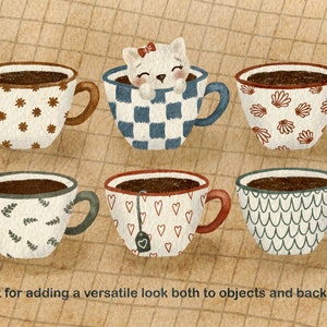 May include: Six different teacups with various patterns, including floral, geometric, and seashell designs. One teacup features a white cat peeking out of the top.