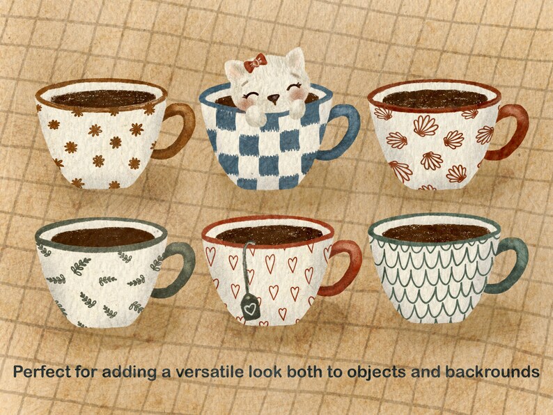 May include: Six different teacups with various patterns, including floral, geometric, and seashell designs. One teacup features a white cat peeking out of the top.