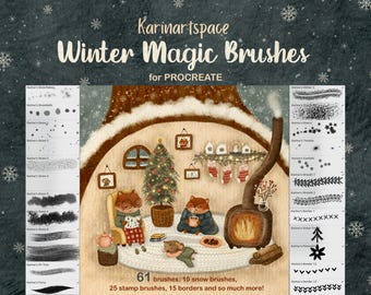 Karinartspace Winter Magic Brushes for Procreate: Christmas Stamps, Snow, Stars, Wreaths (Digital Download)