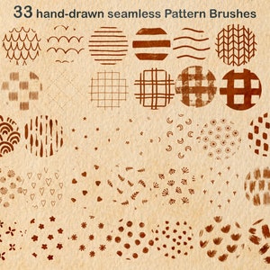 May include: 33 hand-drawn seamless pattern brushes in brown on a beige background. The patterns include waves, stripes, stars, hearts, flowers, and more.