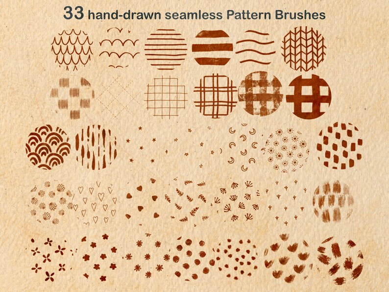 May include: 33 hand-drawn seamless pattern brushes in brown on a beige background. The patterns include waves, stripes, stars, hearts, flowers, and more.