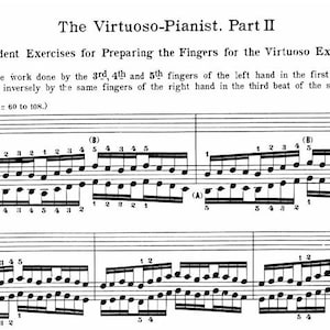 Peut inclure: Une page de partition de musique en noir et blanc avec le titre "The Virtuoso-Pianist. Part II" et le texte "Transcendent Exercises for Preparing the Fingers for the Virtuoso Exercises." La partition comprend des notes de musique et des chiffres indiquant les positions des doigts.