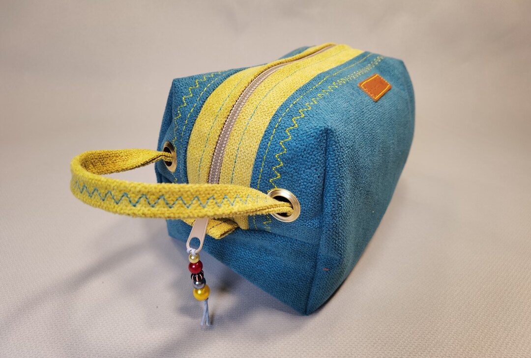 Handmade Blue Yellow Fabric Cosmetic Bag, Pencil Bag, Makeup Bag