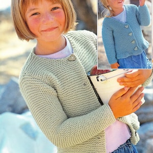 Girls-Very easy, garter stitch Round & V neck Cardigans-Aran 10 ply wool- chest 16-26 inches- easy quick knit-PDF KNITTING Pattern