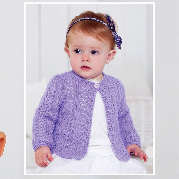 Baby Girl's Eyelet lacy  garter stitch edge cardigans Long short sleeves- fits 16 - 26" chest (0-7 years) Download PDF 4ply Fingering wool