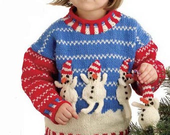 Childs Christmas Snowman Applique Sweater & Ornament Boys Girls 28"-34" ~ 4 - 10 Years ~ Aran 10 Ply Worsted Knitting Pattern pdf Download
