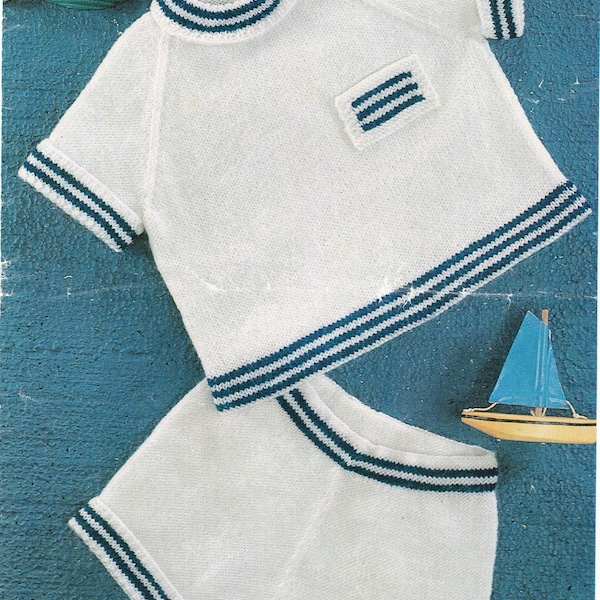Easy Knit Babies & Toddlers Short sleeved Sailor style jumper + Shorts Knitting Pattern- PDF- Digital Download 4ply- 18-22" chest