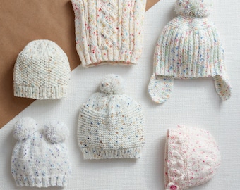 Childrens Hats 6 Styles to Knit ages Birth-7 Years- Aran 10 Ply wool- Bonnet, pull on helmet & Bobble hats Knitting Pattern Download PDF