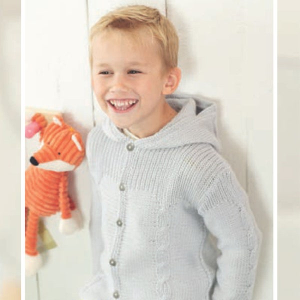 Child's Cable-&  Rib Hooded Jacket  button or Sweater style Boy- Girl- Knitting Pattern  DK 8Ply Light Worsted Instant Download-18-28" chest