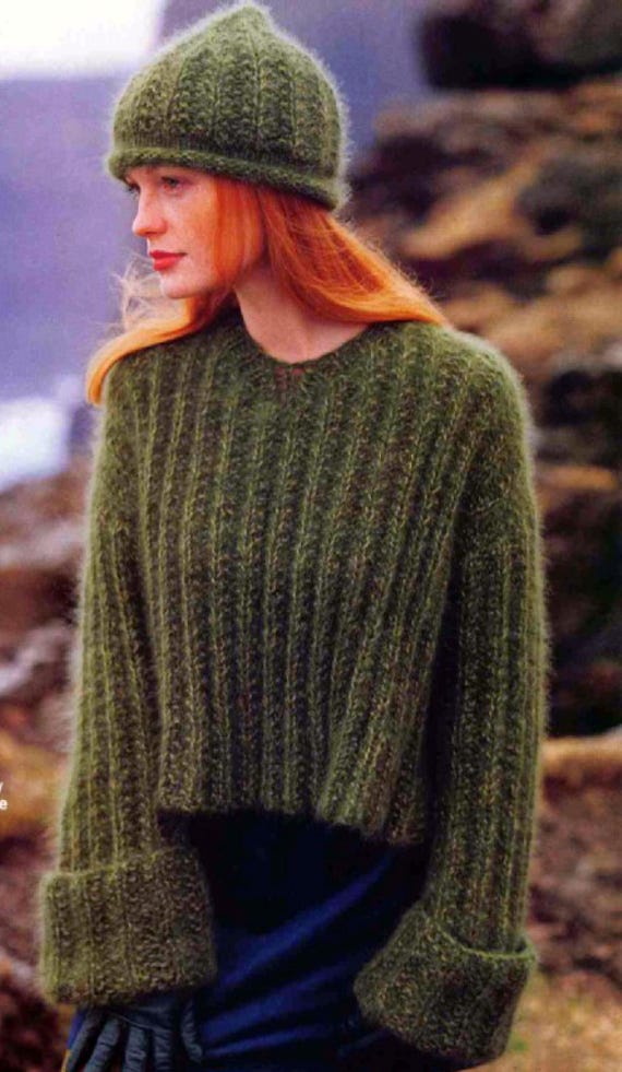 Womens Oversize Angora Cropped Ribbed Sweater Jumper Hat 42