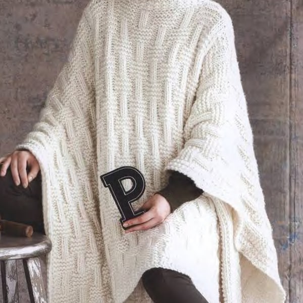 Womans Oversize loose fitting Basket weave Poncho --small- 3X in Super Chunky wool /Super Bulky Knitting Pattern PDF Instant download