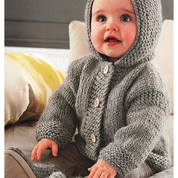 Easy Baby Jacket with Hood 3 - 24 mths - Chunky Wool DOWNLOAD pdf KNITTING Pattern