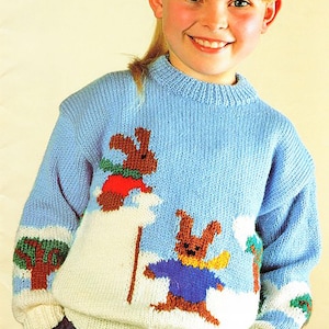 Childrens DK Snow bunnies- Christmas- Festive sweater- Boy Girl Toddler Knit  DK/8 ply- chest 22-34 Ins- download Knitting Pattern PDF