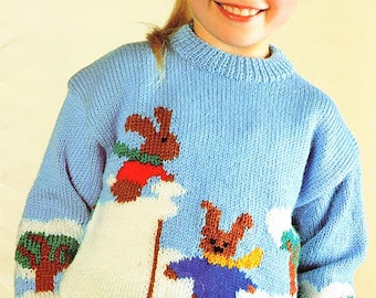 Childrens DK Snow bunnies- Christmas- Festive sweater- Boy Girl Toddler Knit  DK/8 ply- chest 22-34 Ins- download Knitting Pattern PDF