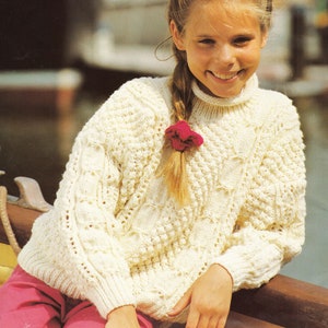 Girl&#39;s Traditional Aran Jumper- Sweater  Drop sleeved Knitting pattern- Knitted in Aran (10ply) 22 - 32&quot; ins chest. Downloadable Pattern PDF