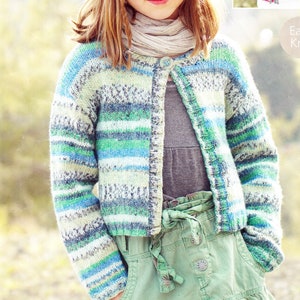 May include: A striped cardigan with a button fastening in shades of green, blue and white. The cardigan is worn over a grey tank top and green trousers.