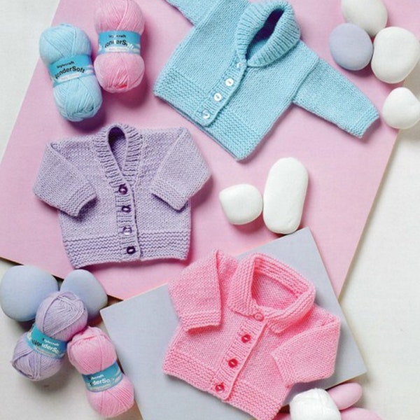 Easy Beginners Baby Cardigans - 3 styles in Chunky Bulky wool 14 - 22" Premature small baby Knitting Pattern pdf Digital Download