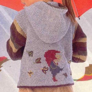 Girls Autumn Wind Kangaroo Pocket Hooded Sweater-Jumper & Matching Backpack Knitting Pattern -Aran worsted (10 ply) Download-26.&quot;-34&quot; chest