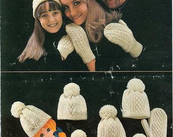 Man woman childs Aran bobble hats & Mitts choice of wools- 3 styles to knit Knitting pattern Download PDF- DK 8 ply Light worsted