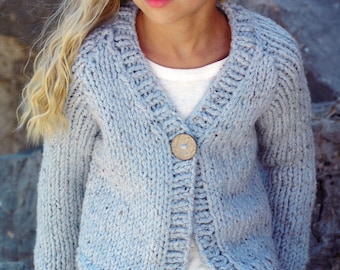 Girl's Super Chunky Easy V neck Cardigan- Quick Knit- 22" -32"( 2-13yrs) Super Chunky Super Bulky 14 ply yarn- Knitting Pattern Download PDF