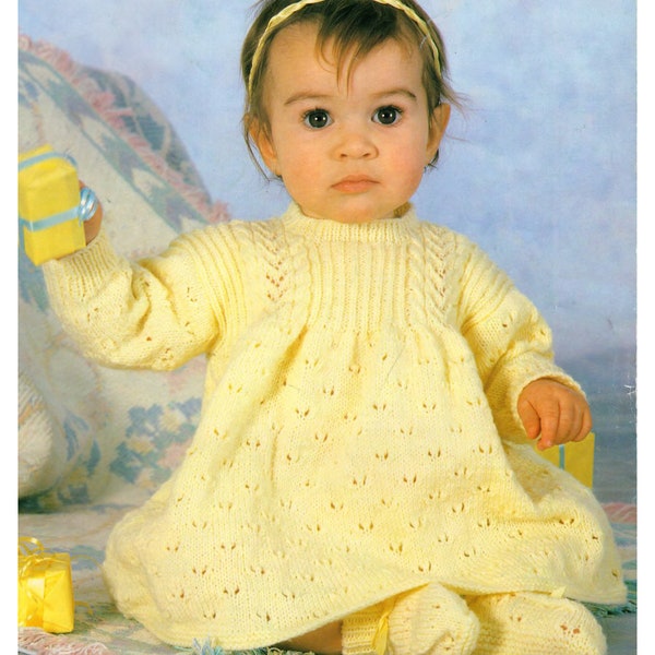 Baby Girl-Toddler Long sleeved Eyelet Cable yoke dress & Bootees in 4 ply Yarn Fits from 16-22" - Knitting pattern  Download PDF