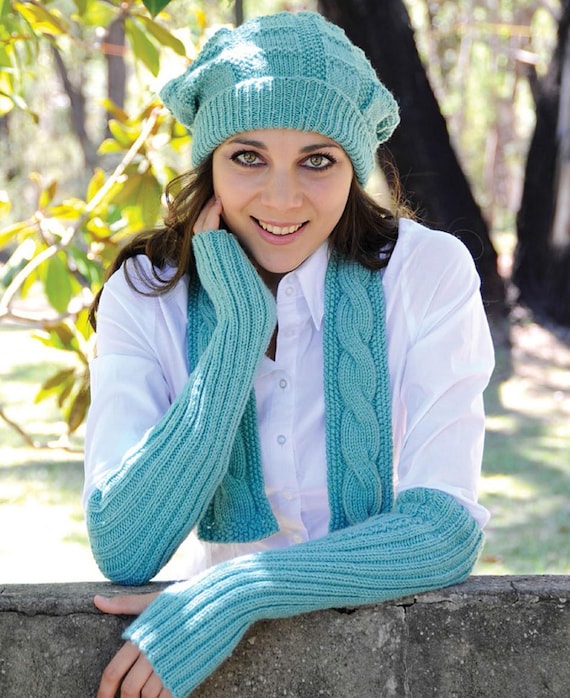 Easy Womens Beanie- Ribbed Wrist Warmers Cable Scarf in DK