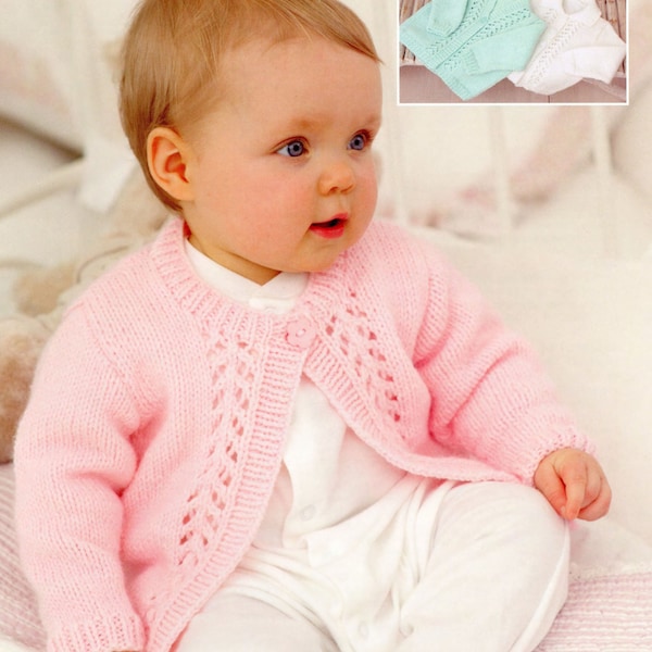 Baby Girls Lacy Eyelet Panel Round Neck Cardigan 16-26" (0 - 7 years) DK wool 8ply Light Worsted Knitting Pattern pdf Download