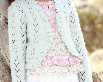 Girls Bolero Cardigan, filled edge eyelet pattern 22-32" ( 1 - 12 yrs)DK / Light worsted /8ply pdf Instant Download knitting pattern PDF