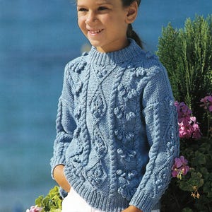 Child&#39;s Aran Cable Sweater- Jumper- Round Neck bobbles- fits  22&quot; - 32&quot; DK 8Ply Light worsted Yarn Knitting Pattern PDF download Drop sleeve
