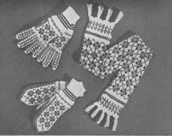 Vintage Woman's Fringed Scarf Gloves & Mittens Fair Isle  Sanquhar style knitting pattern 4 ply wool- Download PDF
