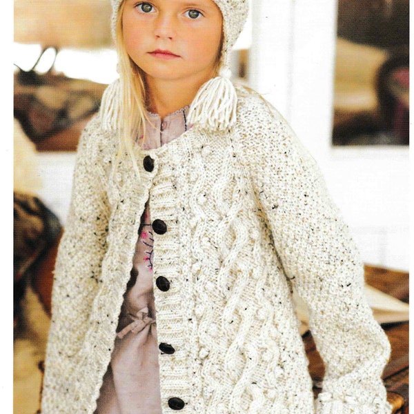 Girls Long  Aran Jacket - Cardigan Knitting pattern- Plus Short Cardigan  in Aran 10 ply wool age-3-13 Years" Download PDF Knitting pattern