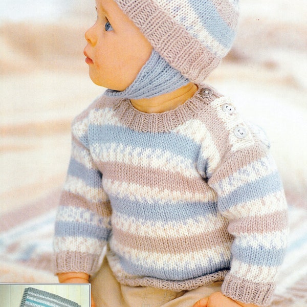 Baby Stripe Jumper Sweater Helmet & Blanket, side  button neck fastening- DK 8Ply Light worsted Knitting pattern download pdf 18 -26" chest