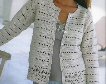 Womens Lacy Crochet Cardigan - Jacket- V or Round Neck styles  26" -38" In Cotton DK - 8 ply  Crochet pattern download PDF