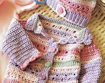 Baby Crochet Cardigan - Jacket & hat Crochet Pattern 4 ply Fingering wool- Download PDF B Newborn Baby Girl size