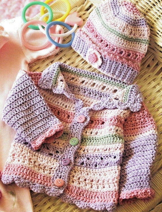 Baby Crochet Cardigan - Jacket & hat Crochet Pattern 4 ply Fingering wool- Download PDF B Newborn Baby Girl size