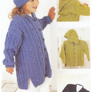 May include: Three knitted cardigans in different colours: blue, green and black. Each cardigan features a cable knit pattern and button closure.