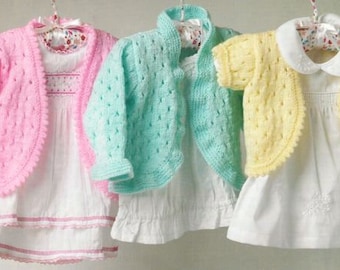 Baby Girls Bolero V Neck Cardigan Long & Short Sleeve Eyelet Pattern 16" - 22" DK 8 Ply or 4 Ply Fingering Knitting Pattern PDF download