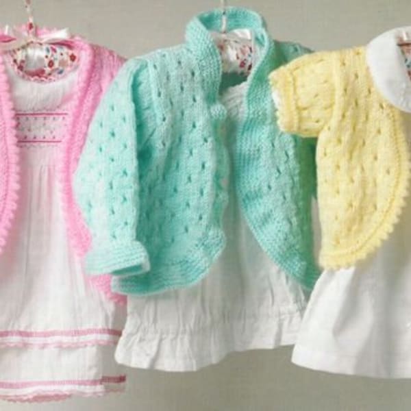 Baby Girls Bolero V Neck Cardigan Long & Short Sleeve Eyelet Pattern 16" - 22" DK 8 Ply or 4 Ply Fingering Knitting Pattern PDF download